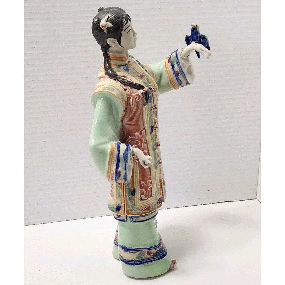 Vintage Chinese Shiwan Porcelain Lady Statue Songbird & Feeding Bowl Figurine